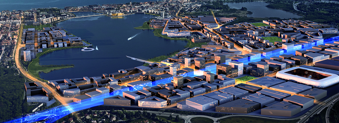 Visionsbild över framtida Södra Munksjön. I bilden syns mängder av uppskissade hus och kvarter runt sjön Munksjön.