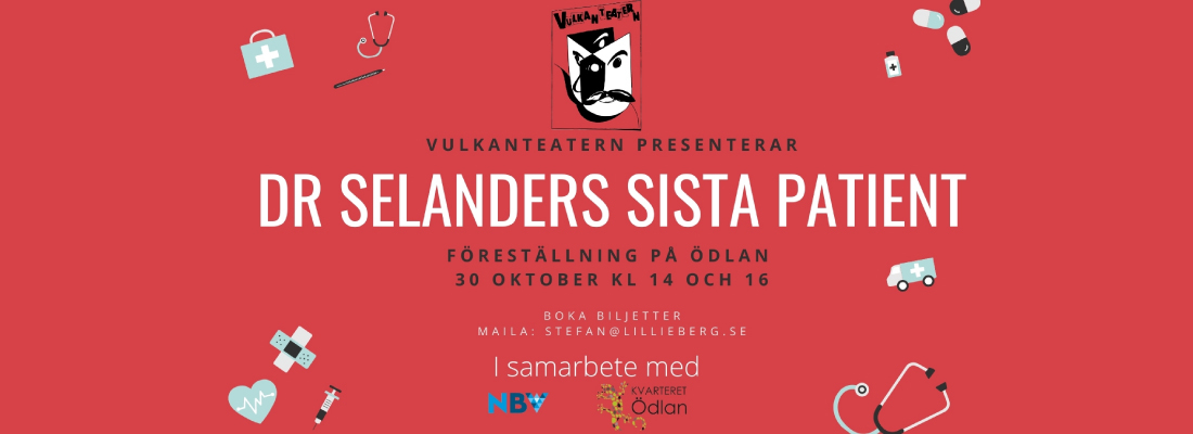 Röd bakgrund med små vård-illustrationer utspridda. Tex. Stetoskop, ambulans, medicin, doktorsväska. Text i bilden - samma information som du hittar i eventet.
