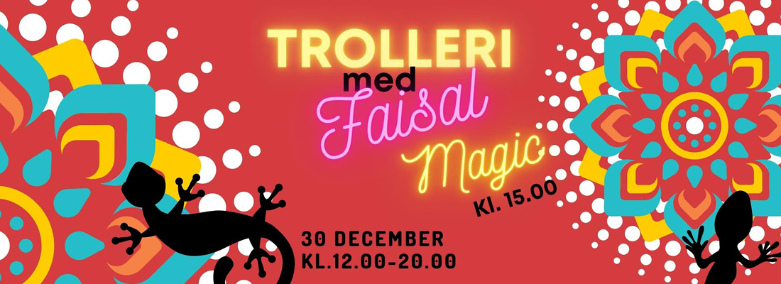 Korallröd bakgrund med färgstarka mönster på, svarta ödlor och texten: Trolleri med Faisal Magic.
